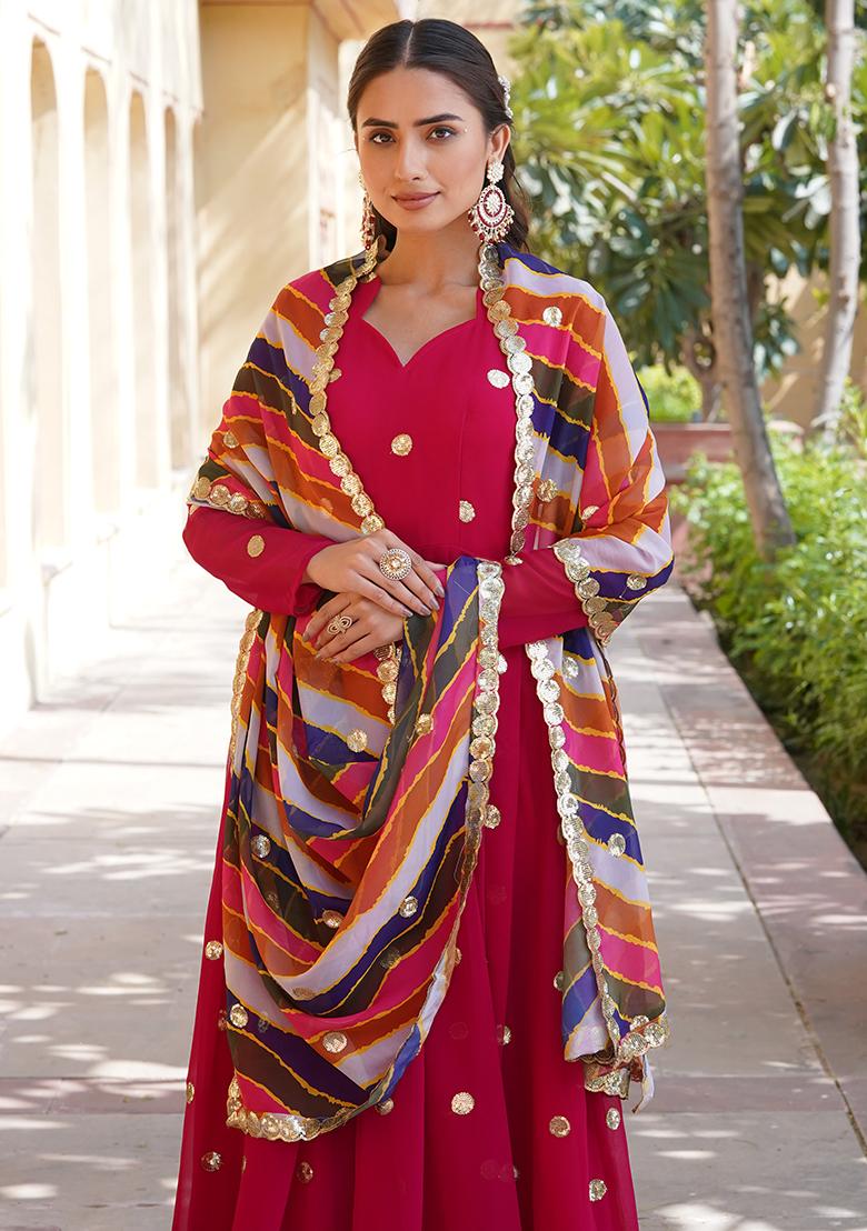 Rani Pink Printed Faux Georgette Anarkali Set