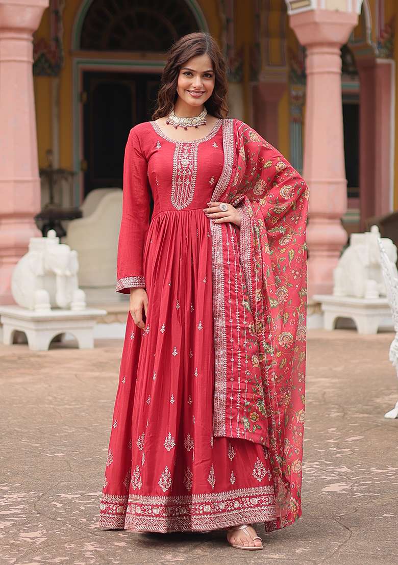 Maroon Embroidered Chinon Anarkali Set - Indya