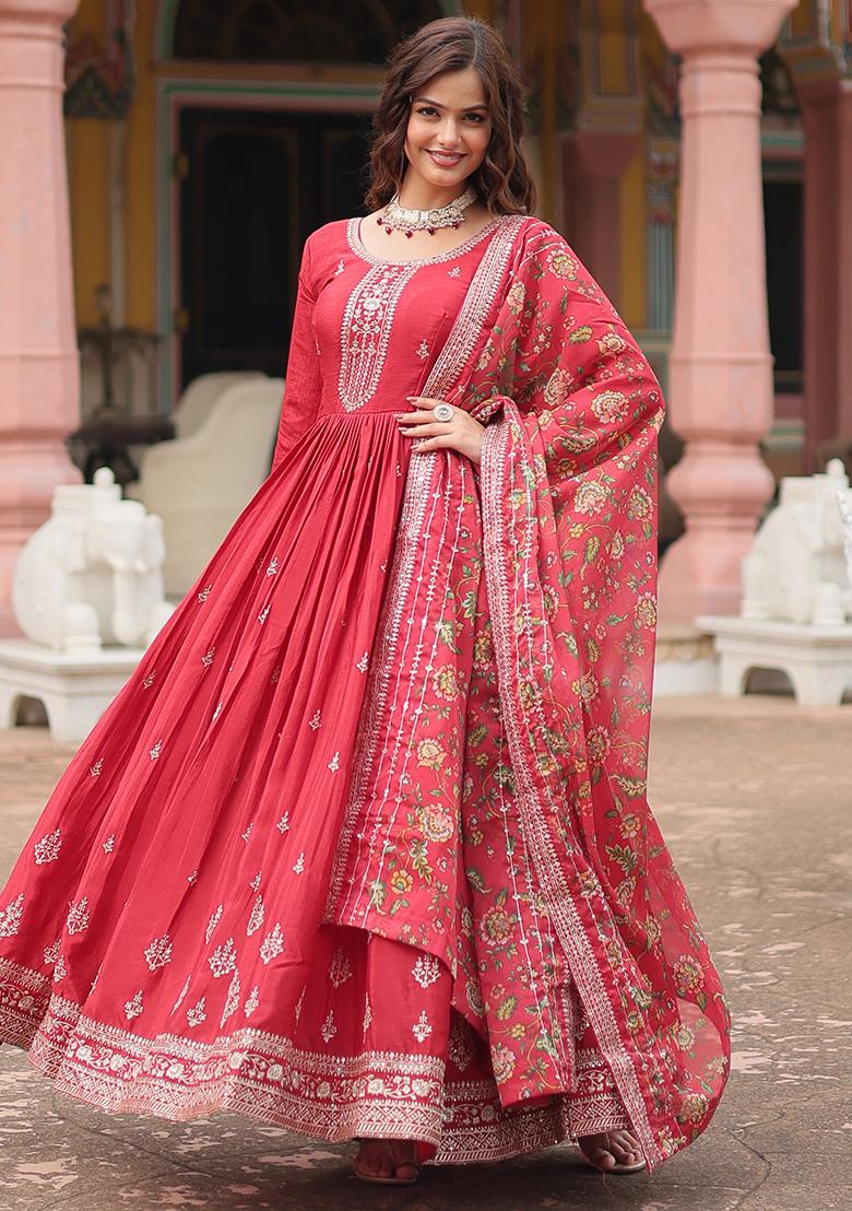 Maroon Sequin Embroidered Chinon Anarkali Set