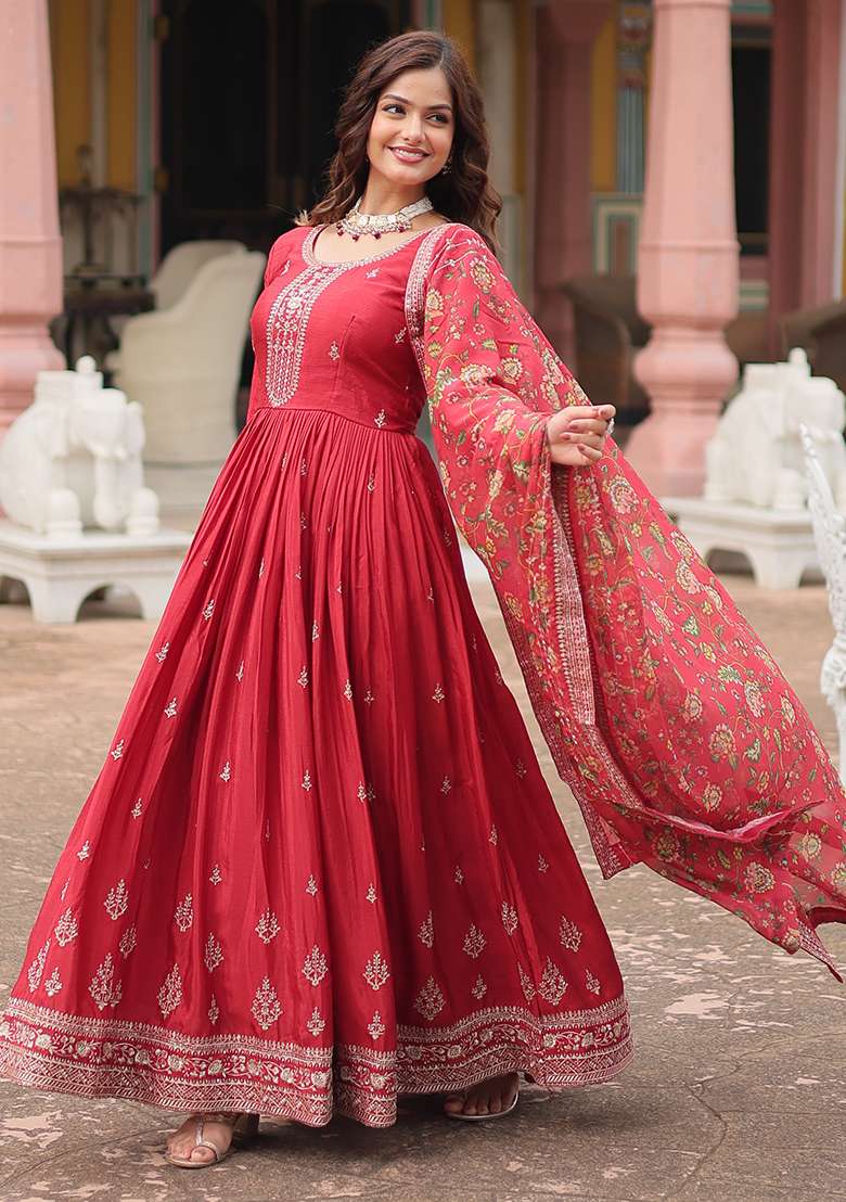 Maroon Embroidered Chinon Anarkali Set - Indya