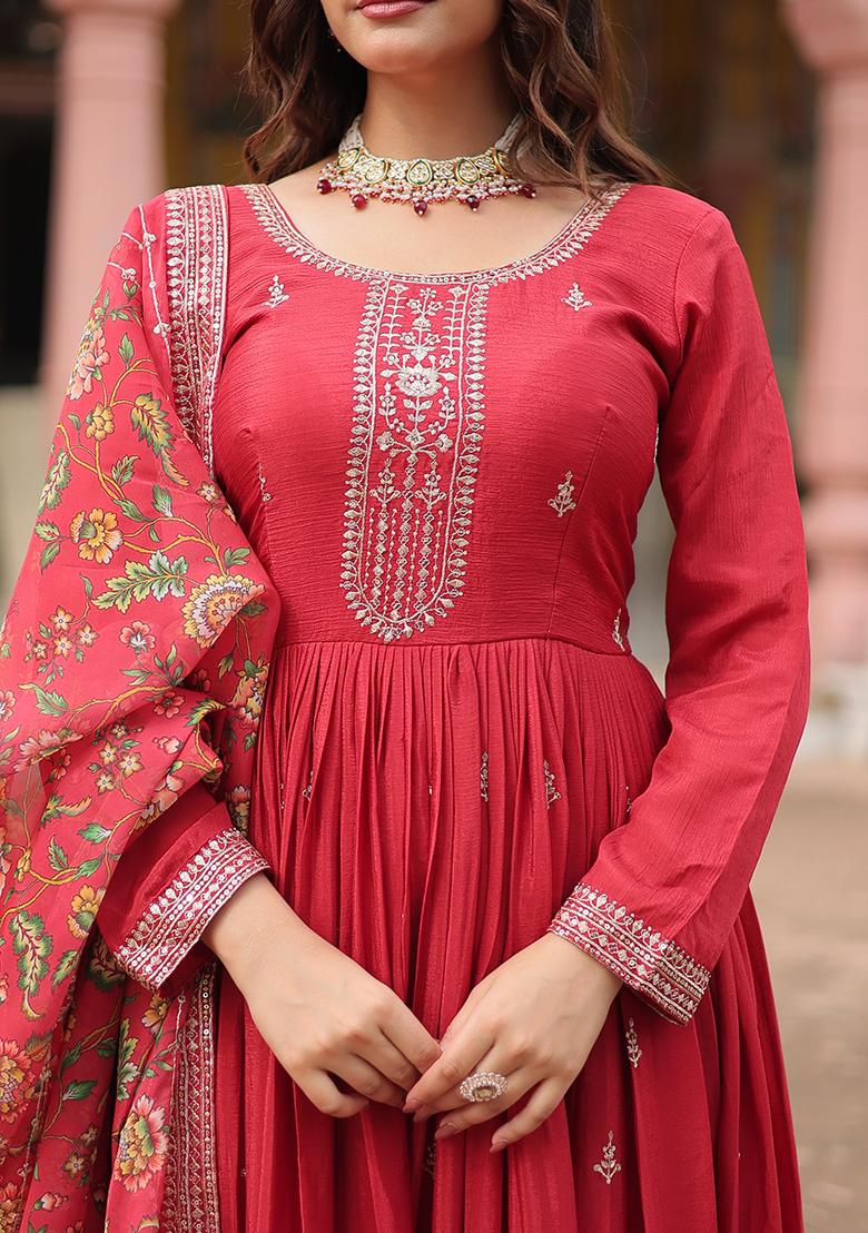 Maroon Sequin Embroidered Chinon Anarkali Set