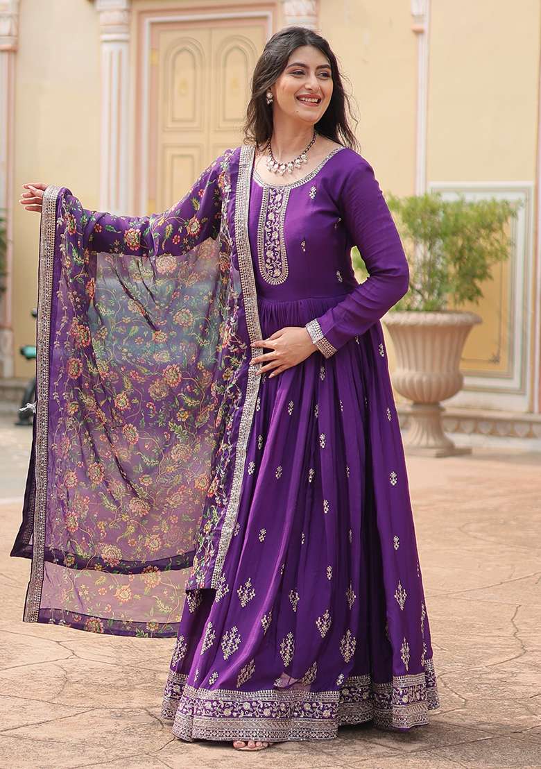 Purple Embroidered Chinon Anarkali Set - Indya