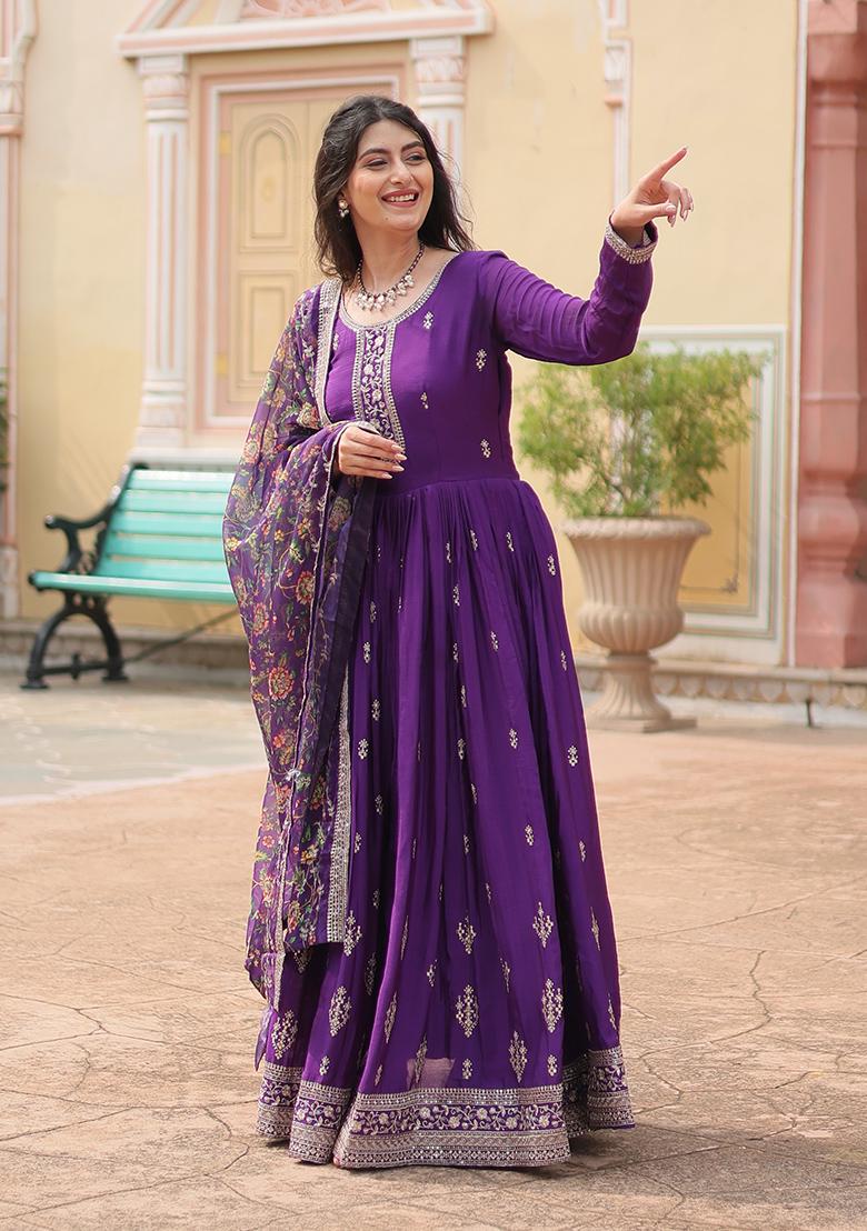 Purple Sequin Embroidered Chinon Anarkali Set