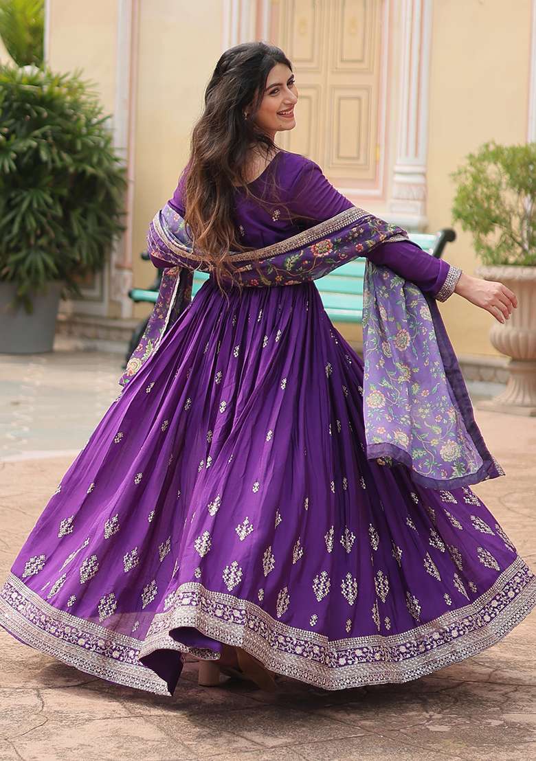 Purple Embroidered Chinon Anarkali Set - Indya