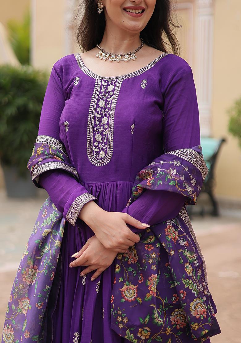 Purple Sequin Embroidered Chinon Anarkali Set