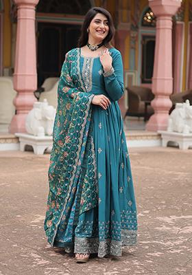 Rama Blue Sequin Embroidered Chinon Anarkali Set