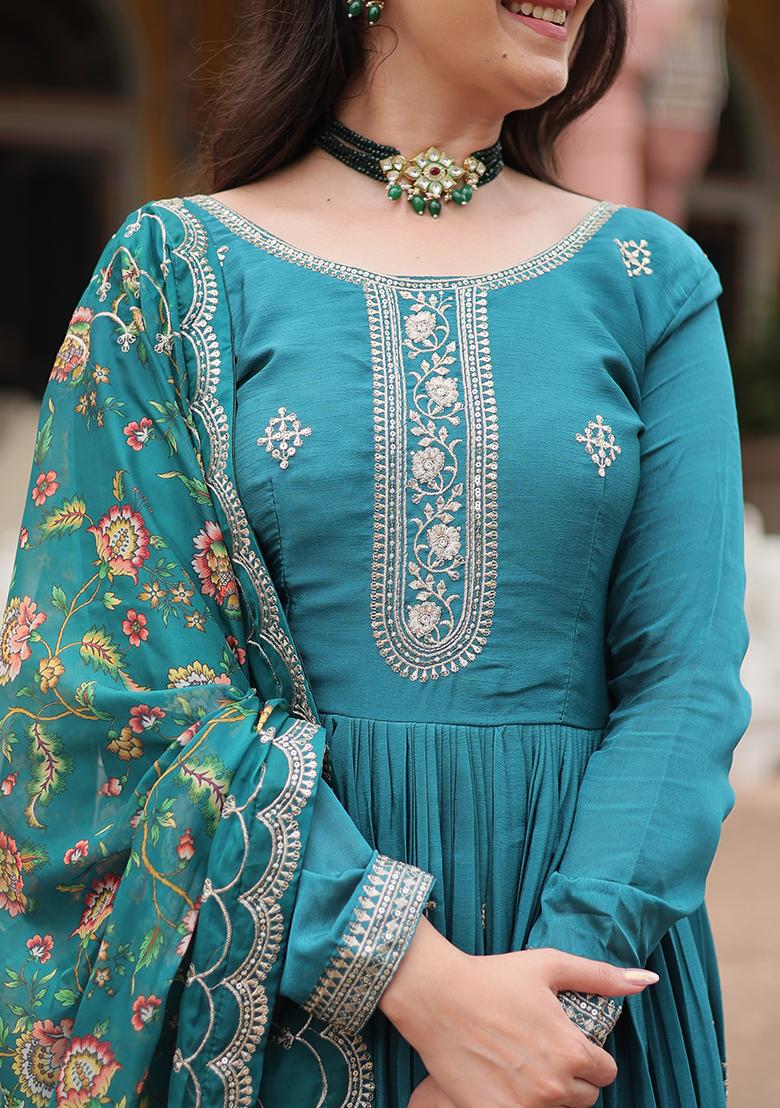 Rama Blue Sequin Embroidered Chinon Anarkali Set