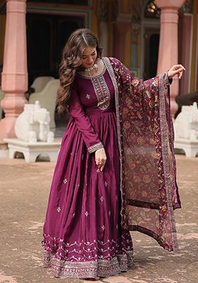 Wine Sequin Embroidered Chinon Anarkali Set