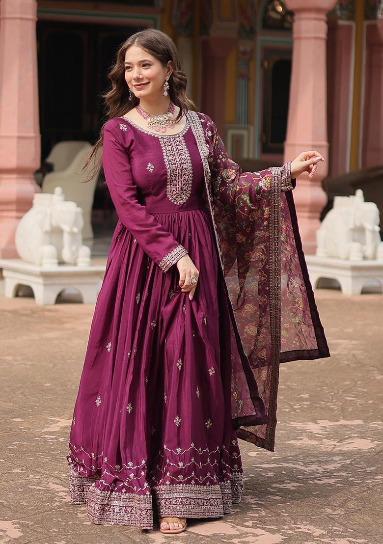Wine Sequin Embroidered Chinon Anarkali Set