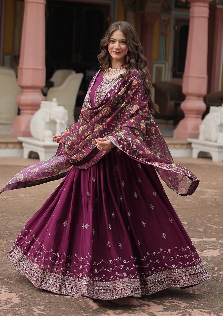 Wine Sequin Embroidered Chinon Anarkali Set