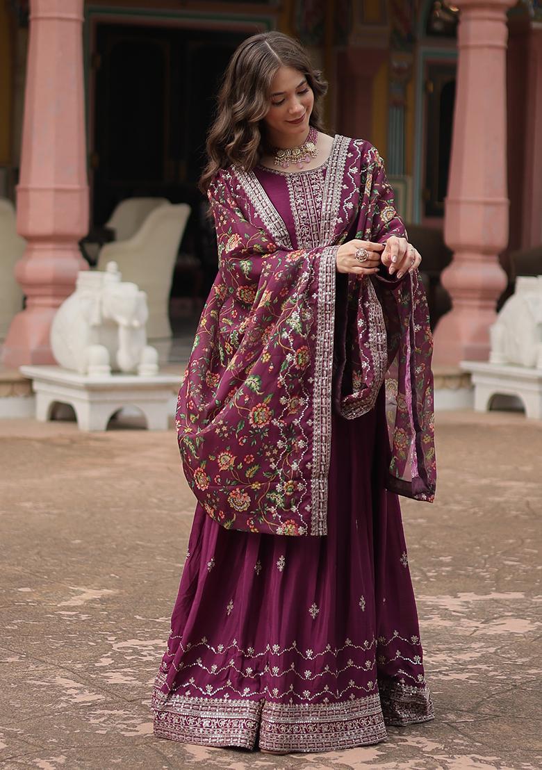 Wine Sequin Embroidered Chinon Anarkali Set