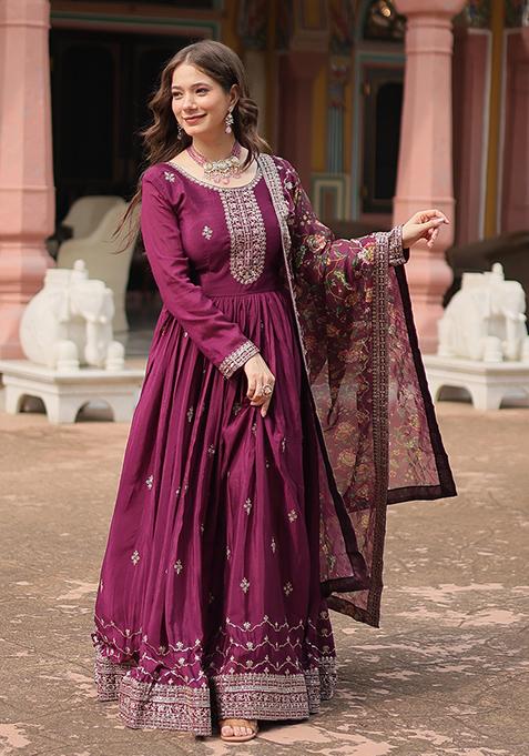 Wine Sequin Embroidered Chinon Anarkali Set
