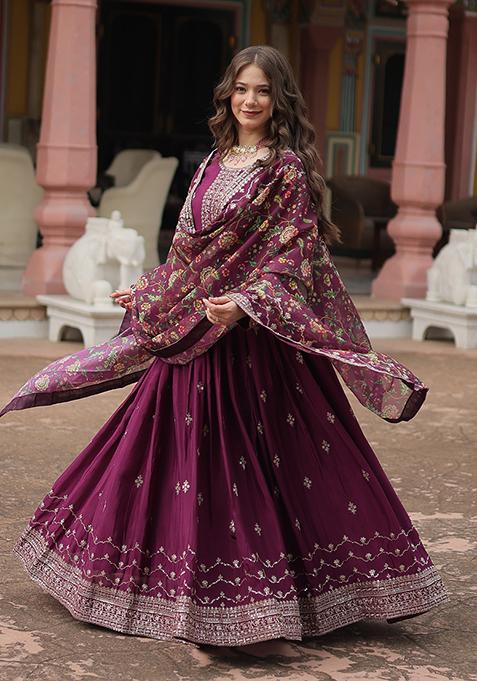 Wine Sequin Embroidered Chinon Anarkali Set