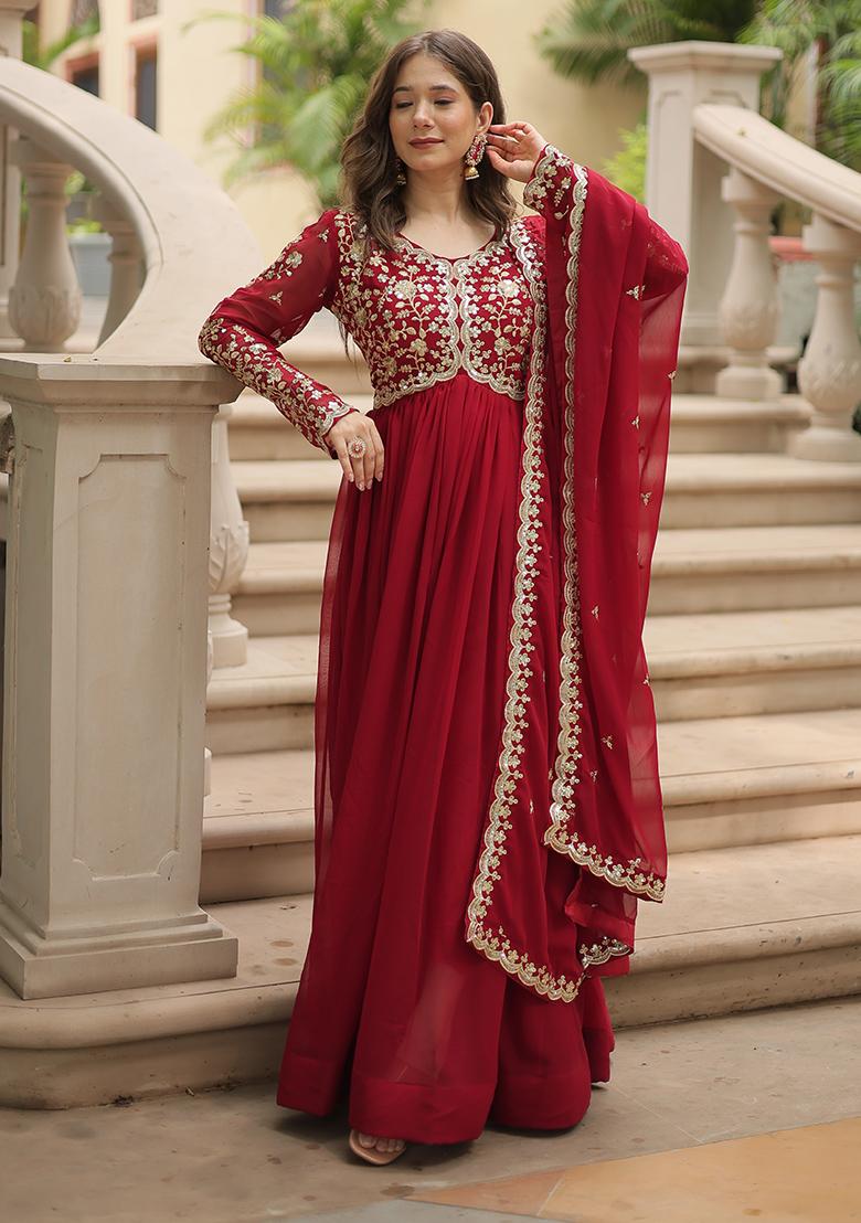 Maroon Sequin Embroidered Faux Blooming Anarkali Set