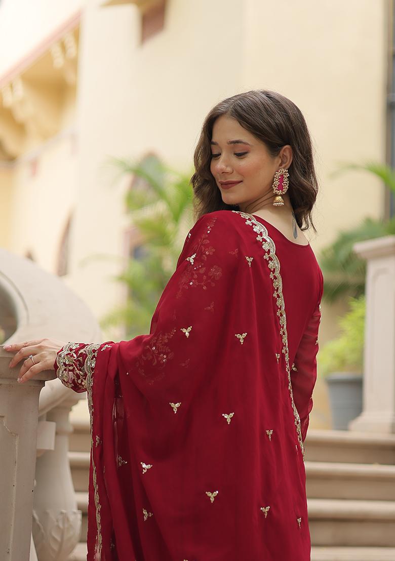 Maroon Sequin Embroidered Faux Blooming Anarkali Set