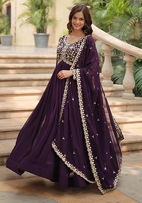 Wine Sequin Embroidered Faux Blooming Anarkali Set