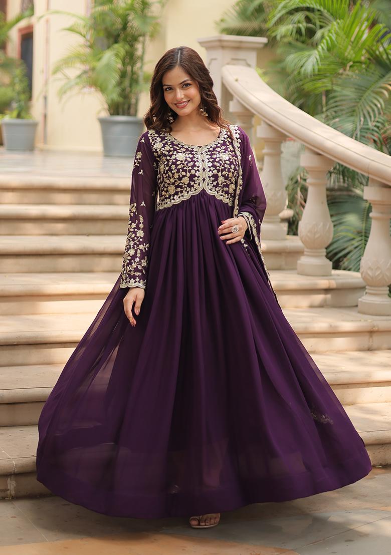 Wine Sequin Embroidered Faux Blooming Anarkali Set