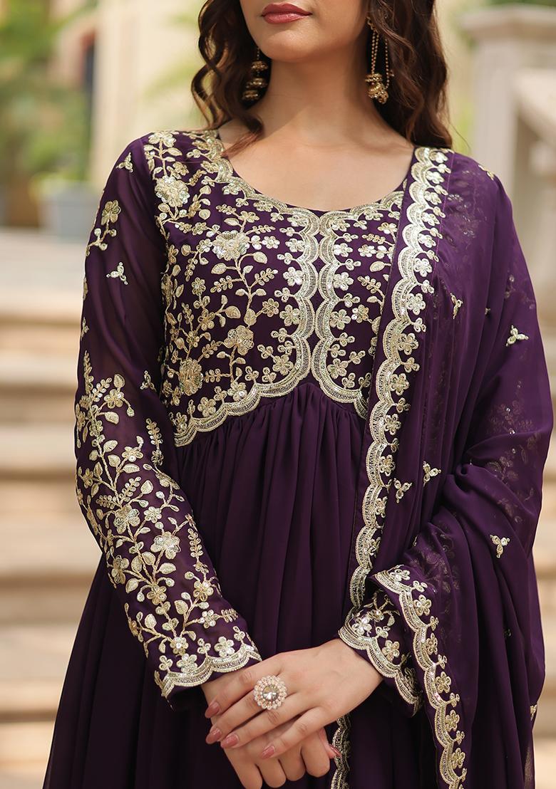 Wine Sequin Embroidered Faux Blooming Anarkali Set