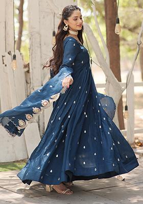 Rama Blue Sequin Embroidered Vichitra Shimmer Anarkali Set