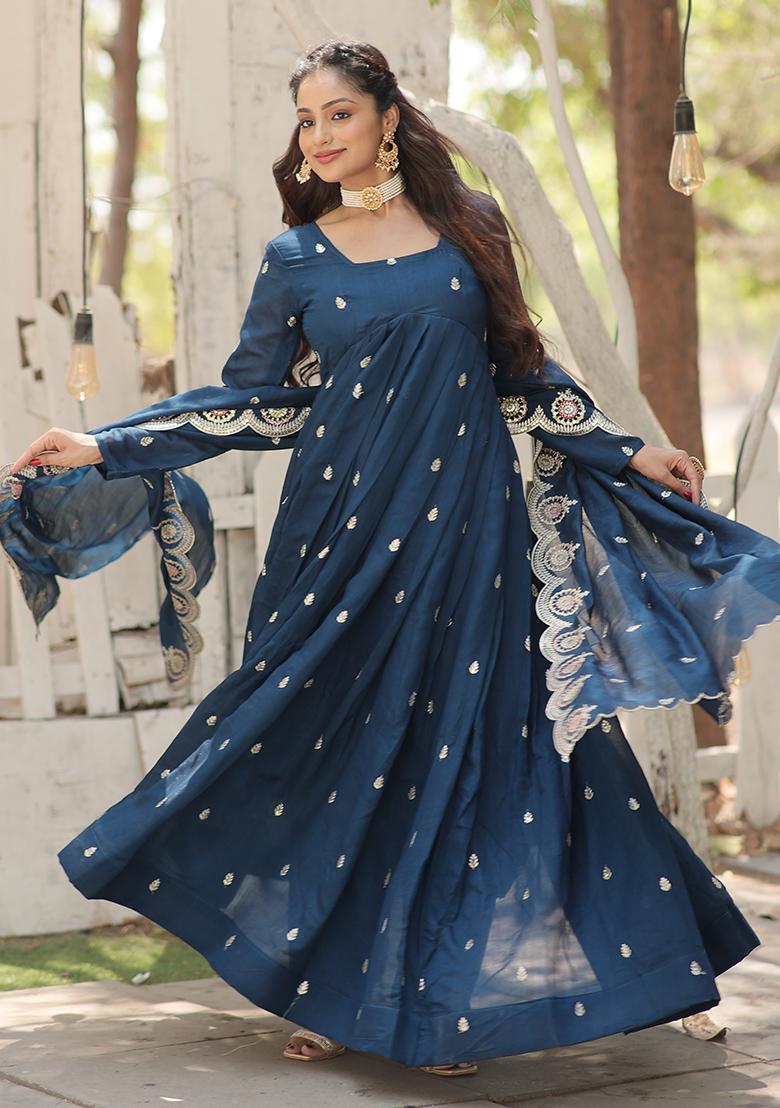 Rama Blue Sequin Embroidered Vichitra Shimmer Anarkali Set