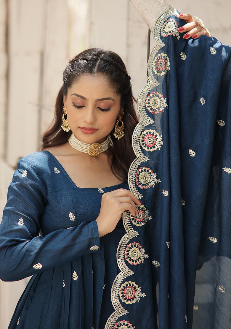 Rama Blue Sequin Embroidered Vichitra Shimmer Anarkali Set