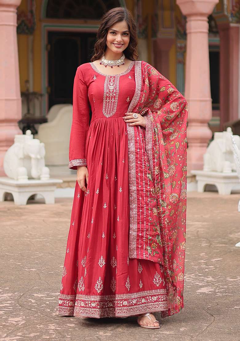 Maroon Embroidered Chinon Anarkali Set - Indya
