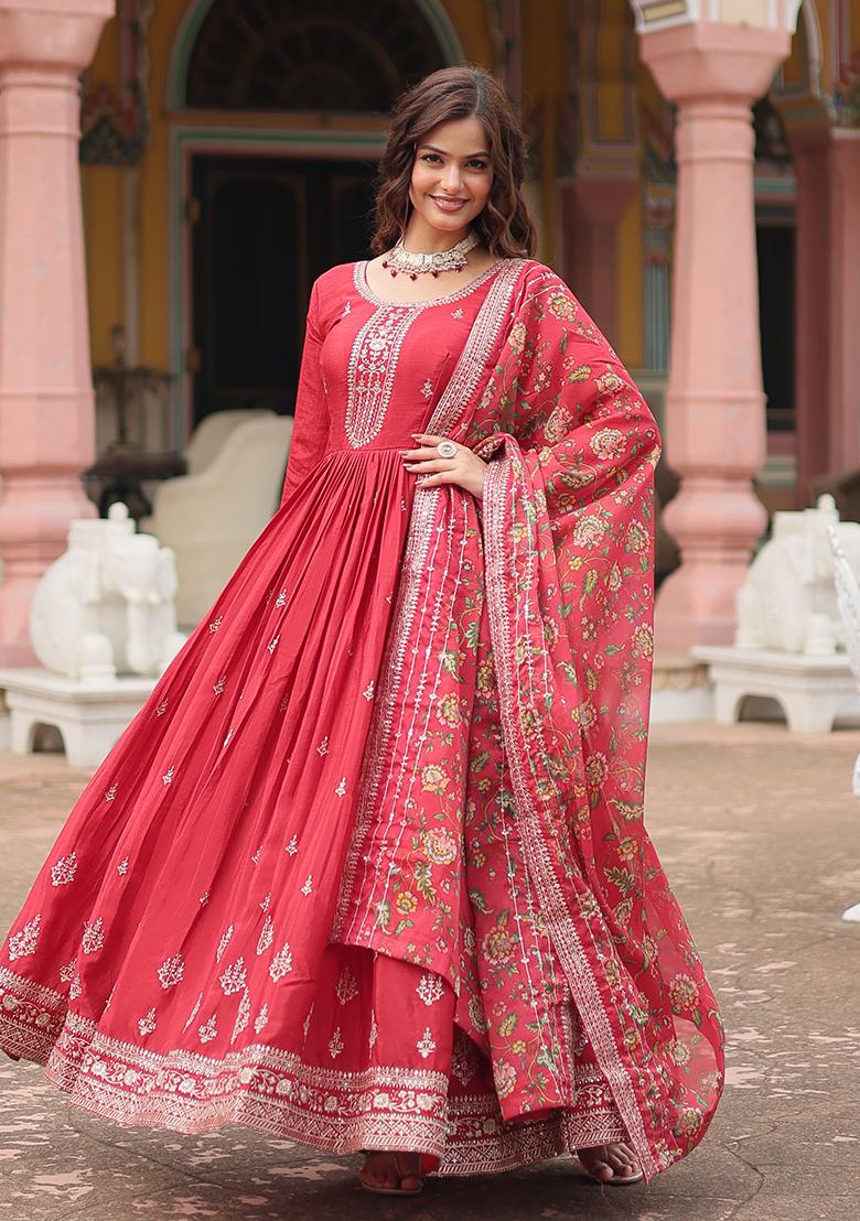 Maroon Sequin Embroidered Chinon Anarkali Set