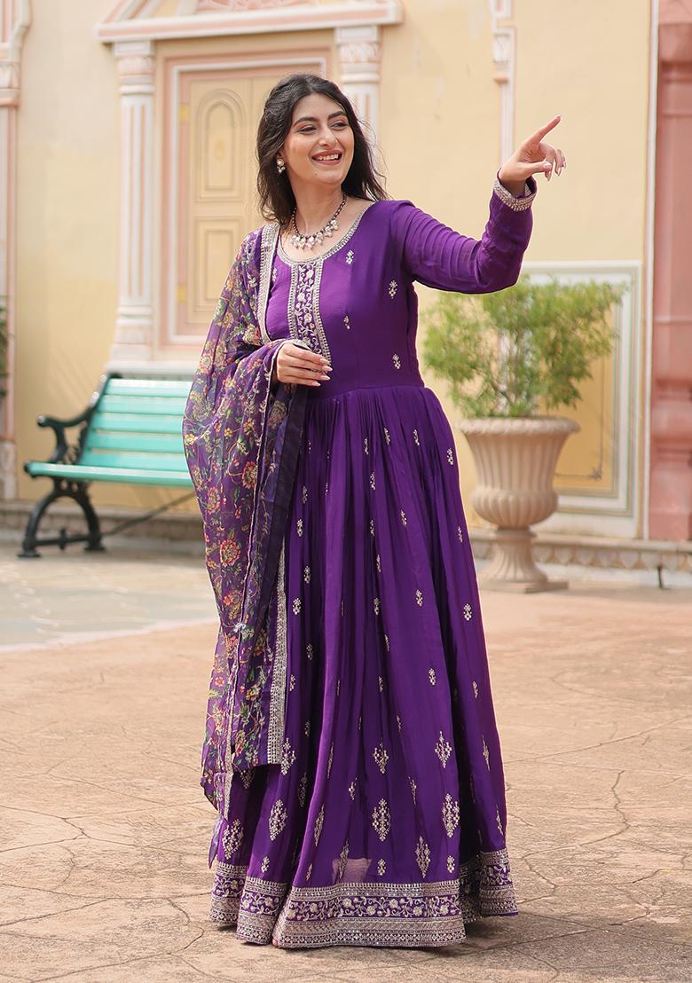 Purple Sequin Embroidered Chinon Anarkali Set