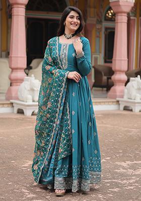 Rama Blue Sequin Embroidered Chinon Anarkali Set