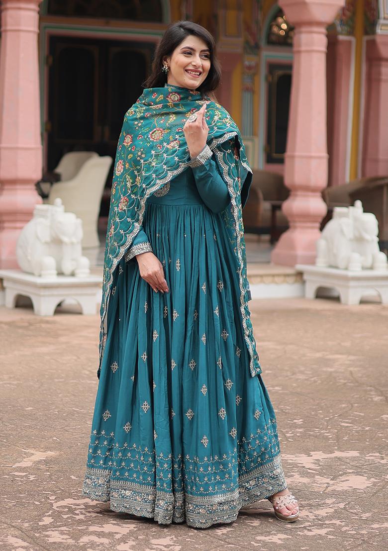 Rama Blue Sequin Embroidered Chinon Anarkali Set
