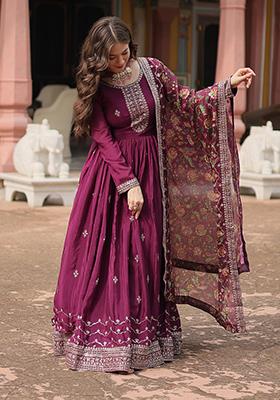 Wine Sequin Embroidered Chinon Anarkali Set
