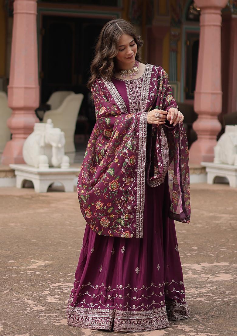 Wine Sequin Embroidered Chinon Anarkali Set
