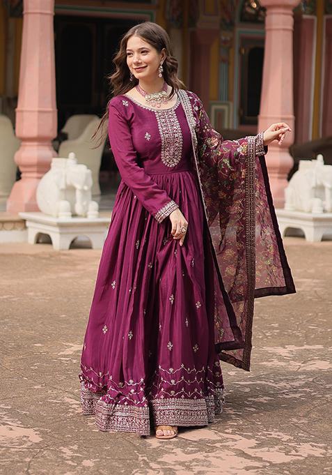 Wine Sequin Embroidered Chinon Anarkali Set