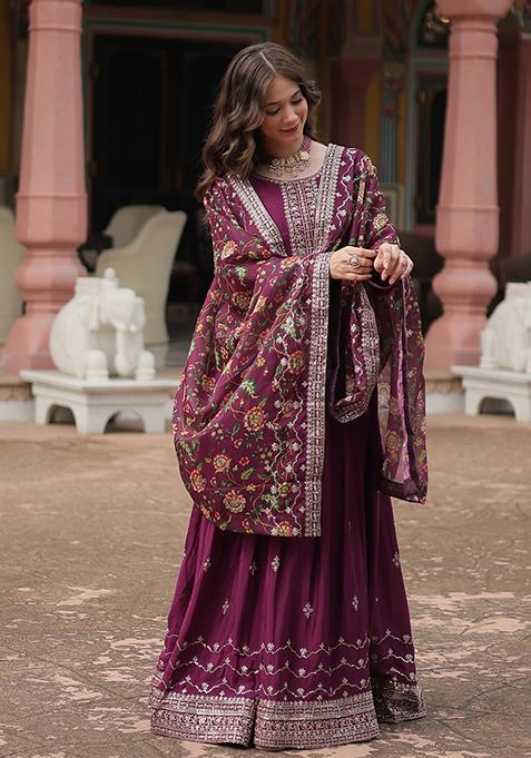 Wine Sequin Embroidered Chinon Anarkali Set