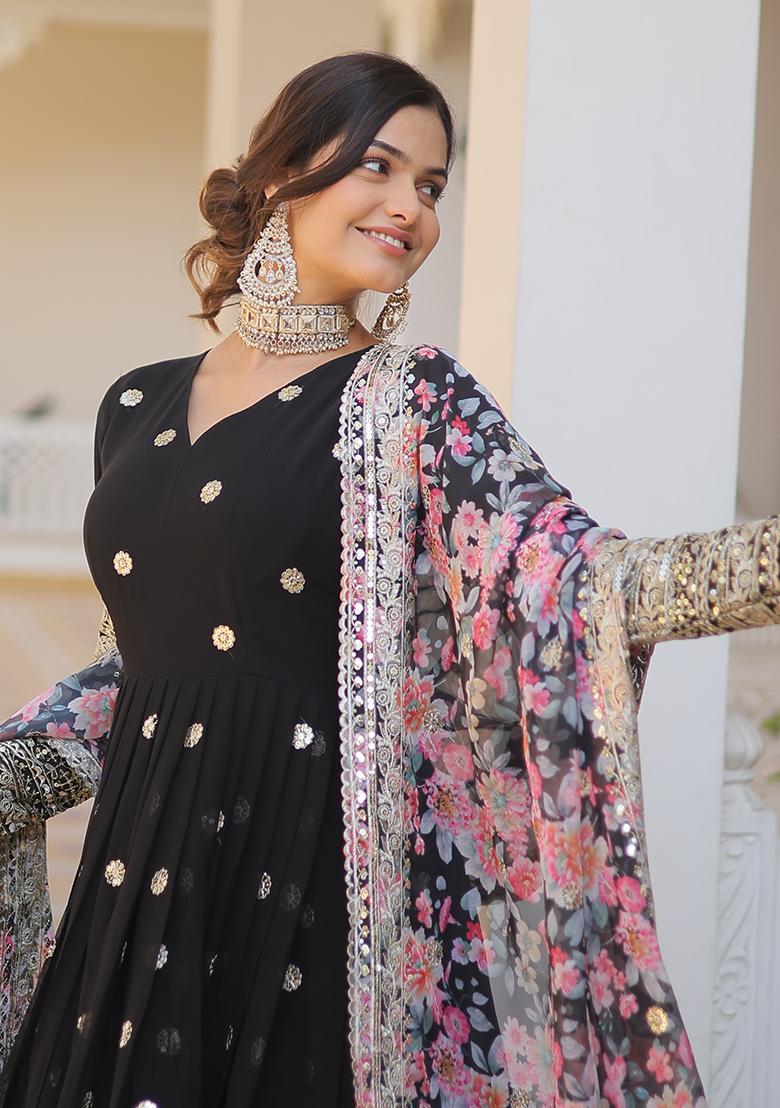 Black Zari Sequin Embroidered Faux Georgette Anarkali Set