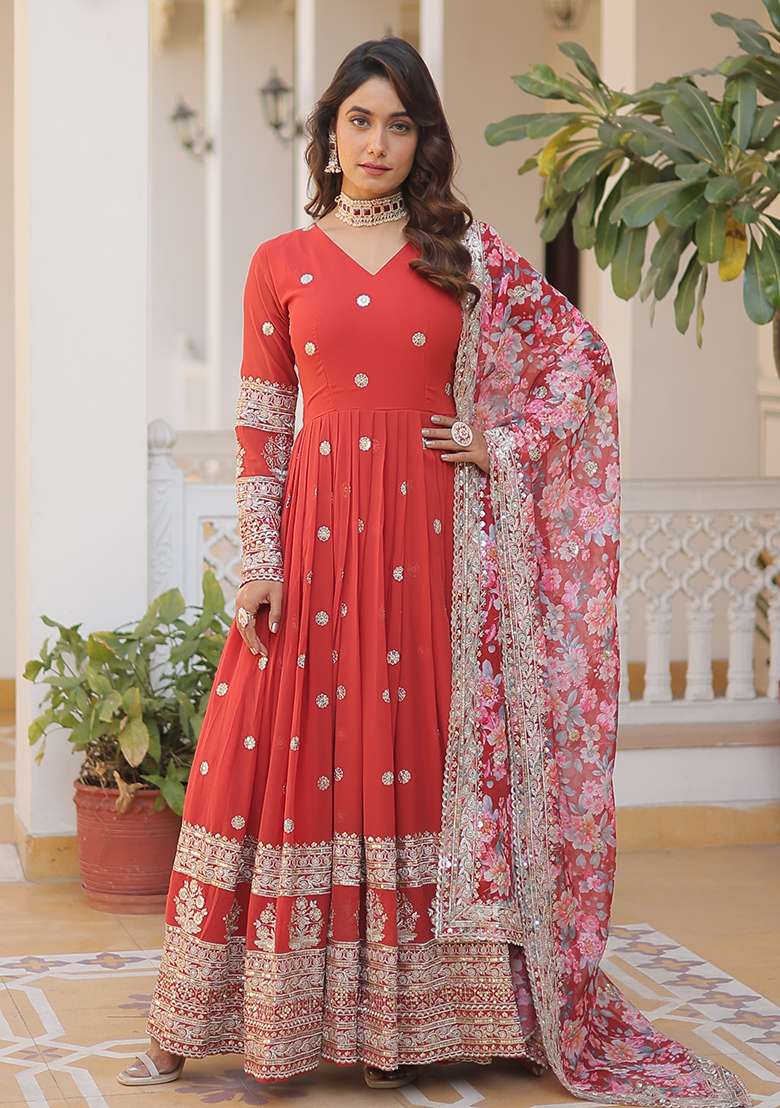 Orange Embroidered Faux Blooming Anarkali Set - Indya