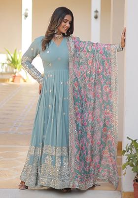 Sky Blue Zari Sequin Embroidered Faux Georgette Anarkali Set With Dupatta