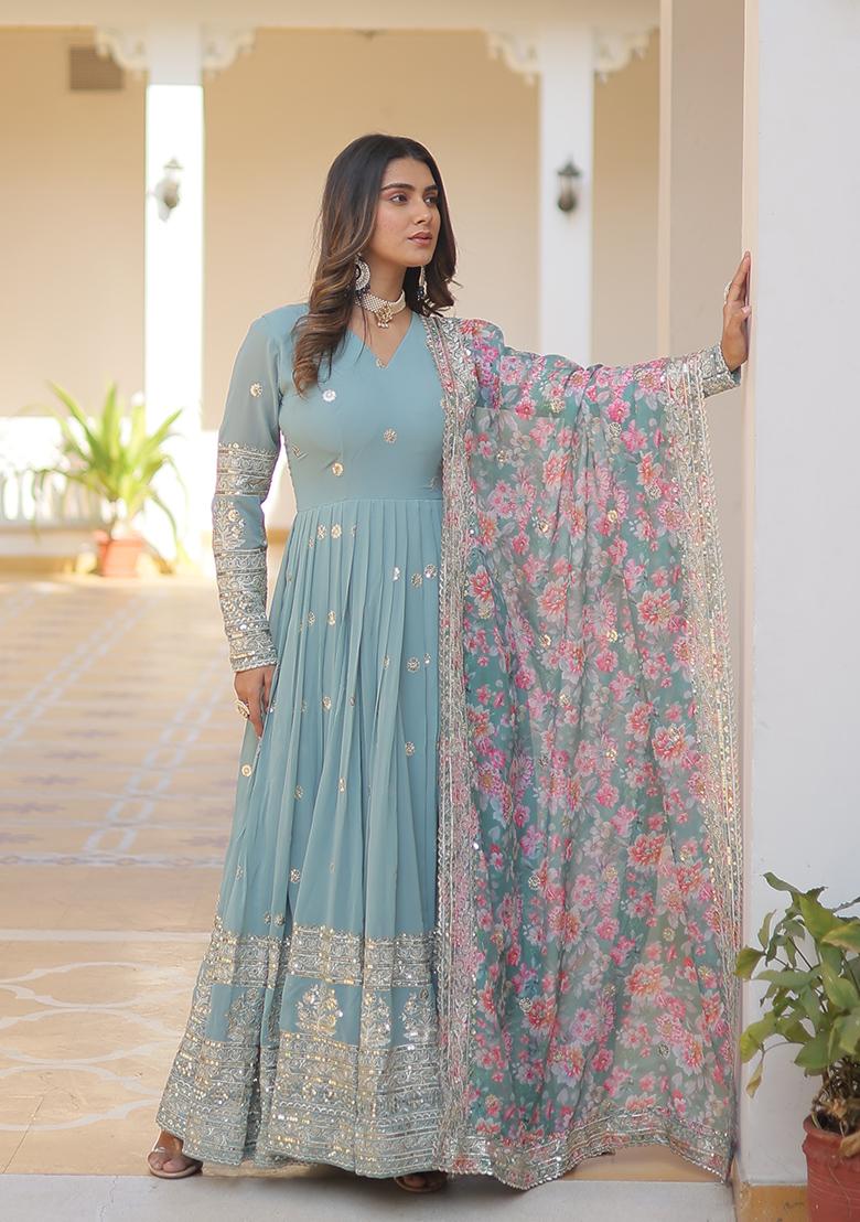 Sky Blue Zari Sequin Embroidered Faux Georgette Anarkali Set