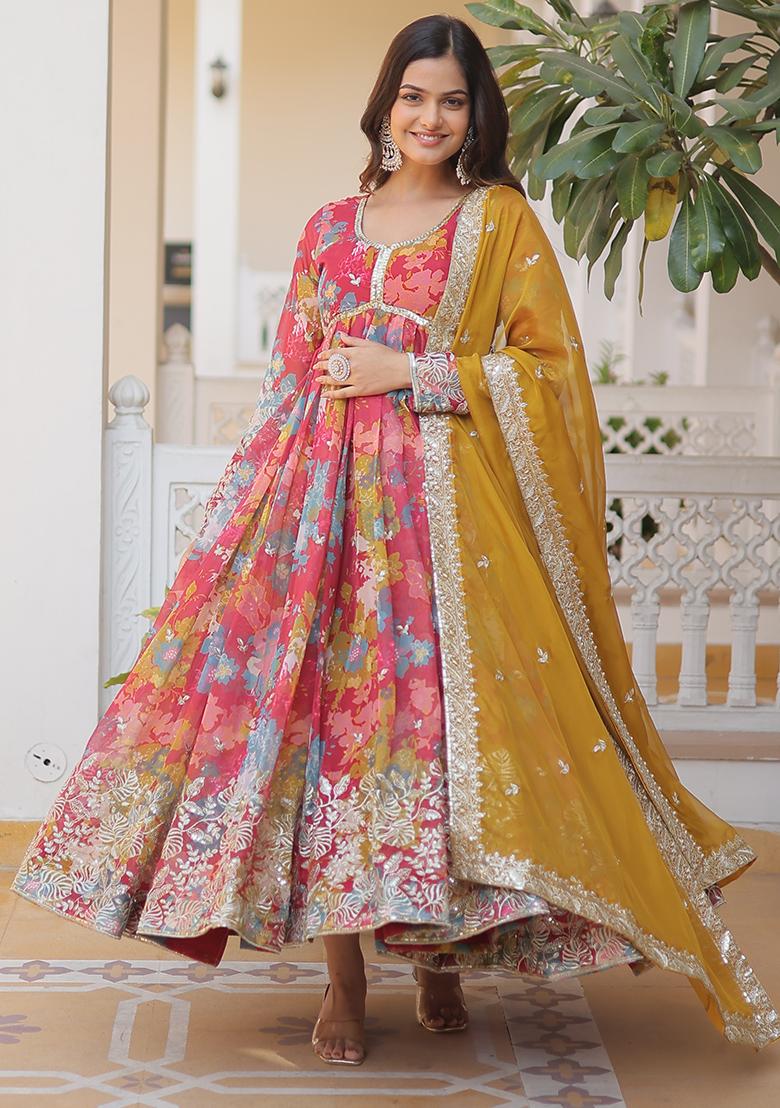 Pink Zari Sequin Embroidered Russian Silk Anarkali Set