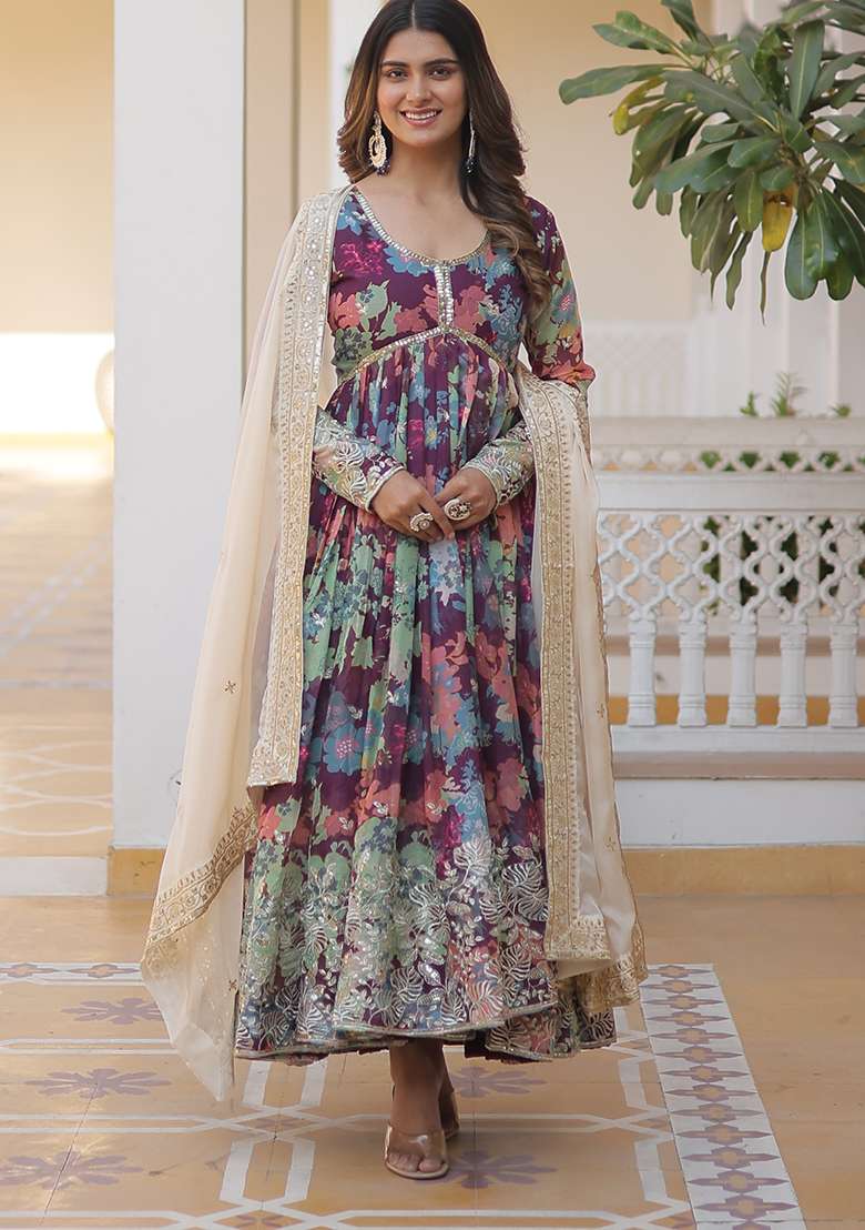 Wine Embroidered Russian Anarkali Set - Indya