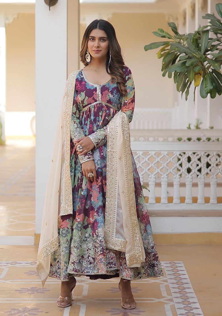 Wine Zari Sequin Embroidered Russian Silk Anarkali Set