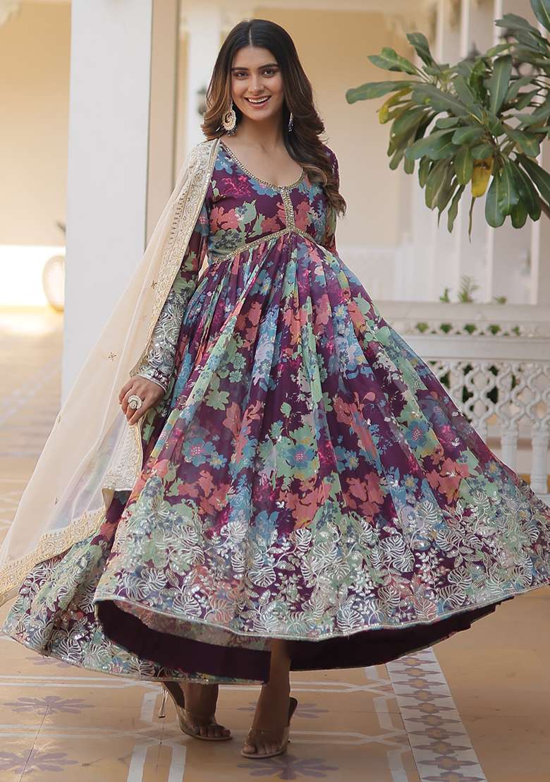 Wine Embroidered Russian Anarkali Set - Indya