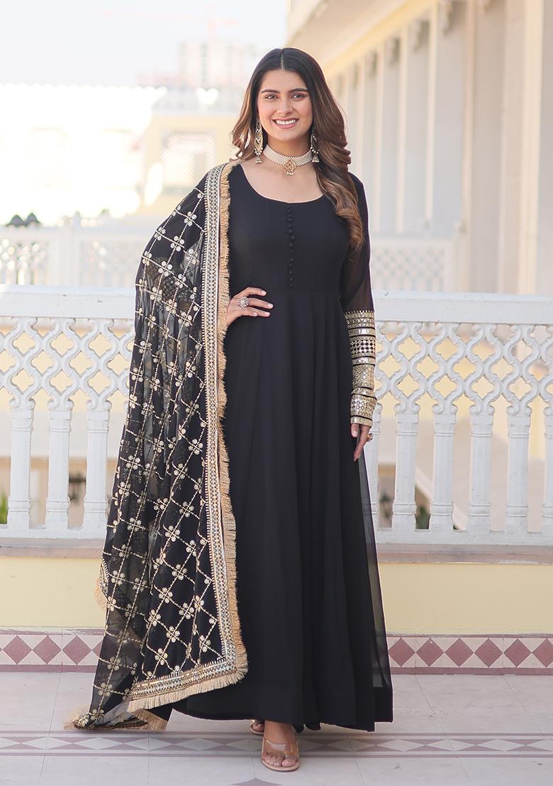 Black Sequin Embroidered Faux Blooming Anarkali Set