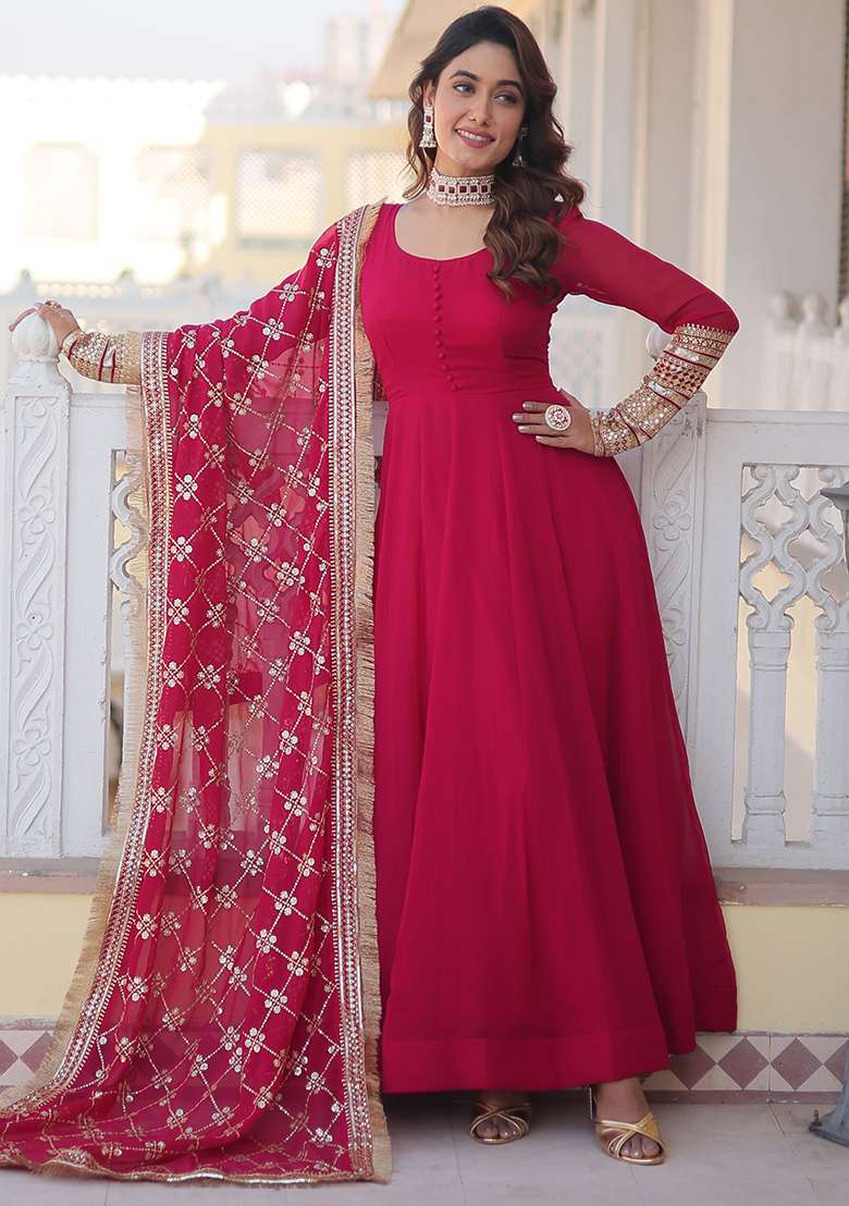 Pink Embroidered Faux Blooming Anarkali Set - Indya