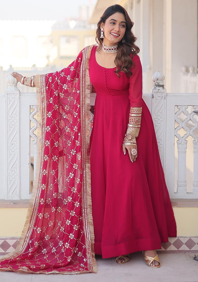 Pink Sequin Embroidered Faux Blooming Anarkali Set