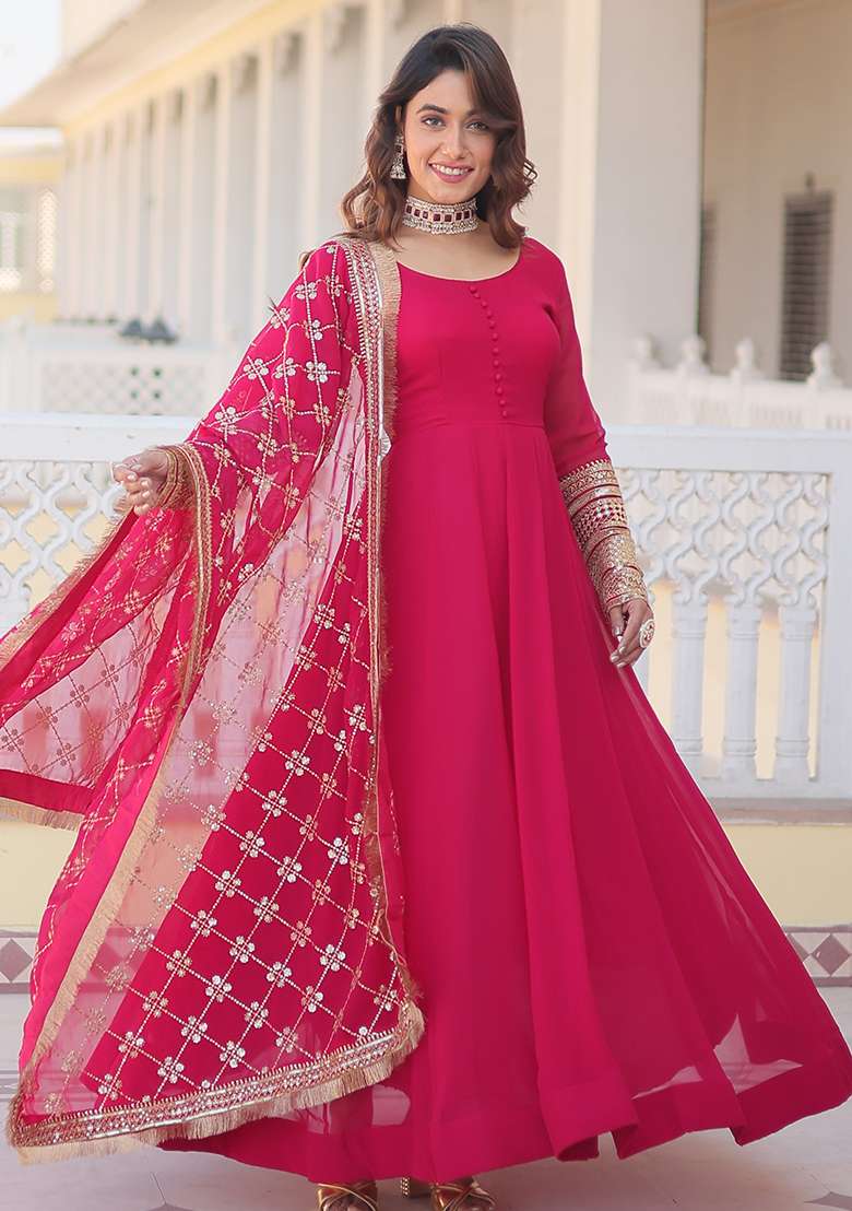 Pink Embroidered Faux Blooming Anarkali Set - Indya
