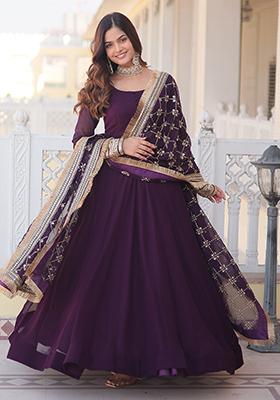 Wine Sequin Embroidered Faux Blooming Anarkali Set