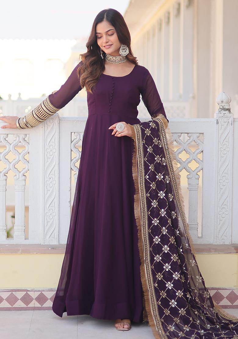 Wine Sequin Embroidered Faux Blooming Anarkali Set