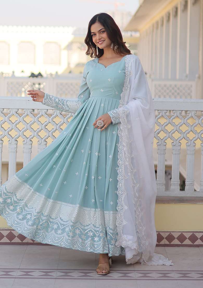 Sea Green Embroidered Faux Georgette Anarkali With Dupatta - Indya