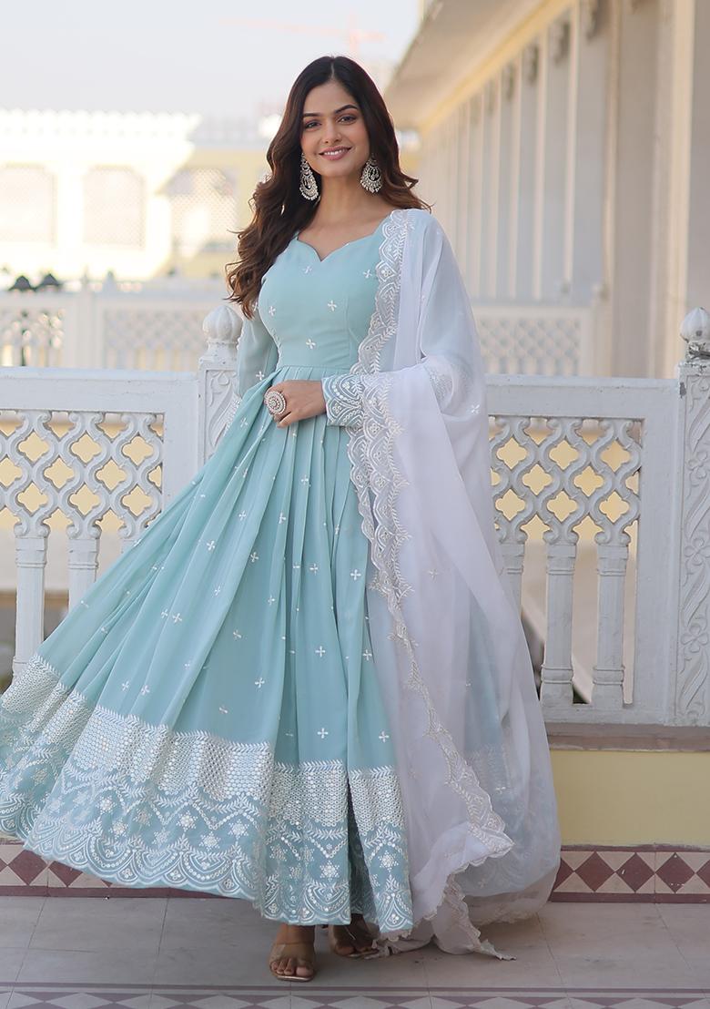 Sea Green Embroidered Faux Georgette Anarkali Set